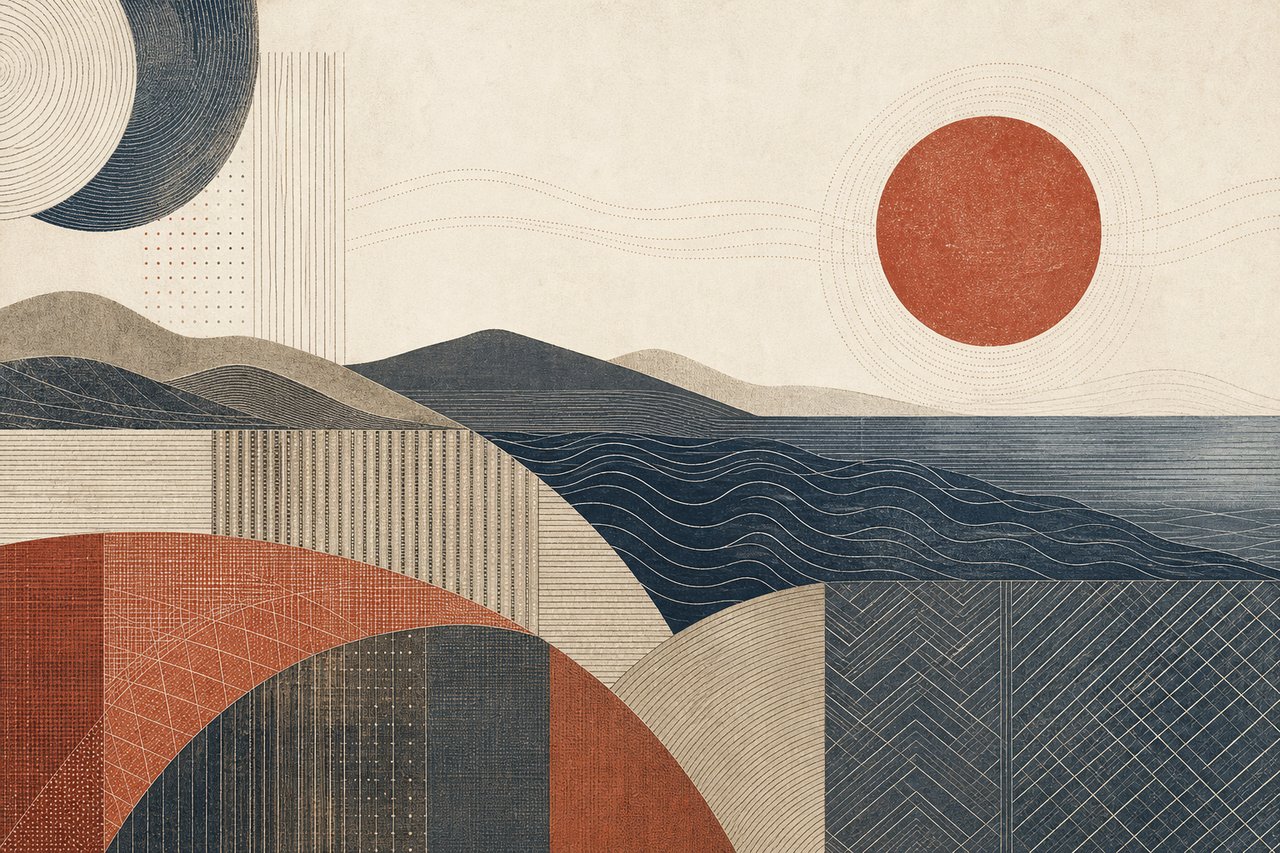 Illustration: an abstract horizon of earth and water with woven line patterns.