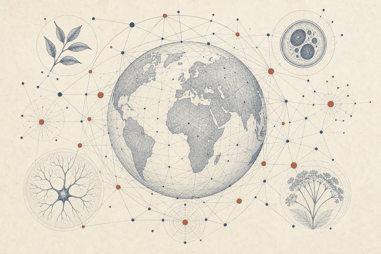 Illustration: an abstract globe linked by a network of fine threads.